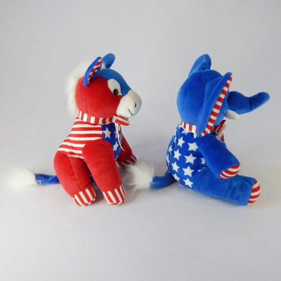 Set 2 Vtg Patriotic Election Mascots Elephant Donkey Plush Stars Stripe Red Blue - Picture 10 of 13